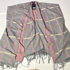 Jones New York Signature gray pink plaid winter shawl reversible NEW!